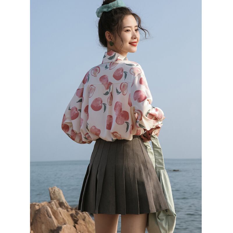 [Love Series]★Shirt★ Tops Peach Cute Youth Print Easy to Match Pink SML Loose Casual