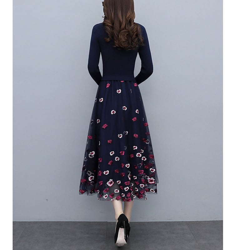 [Ebi Kei Series] ★One piece★ Stretchy knit dress Embroidery dress Floral pattern Elegant Blue Blue