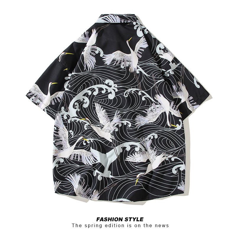 [YISHUO Series]★Shirt★ Tops, short sleeve shirt, unisex, men's, large size, crane pattern print