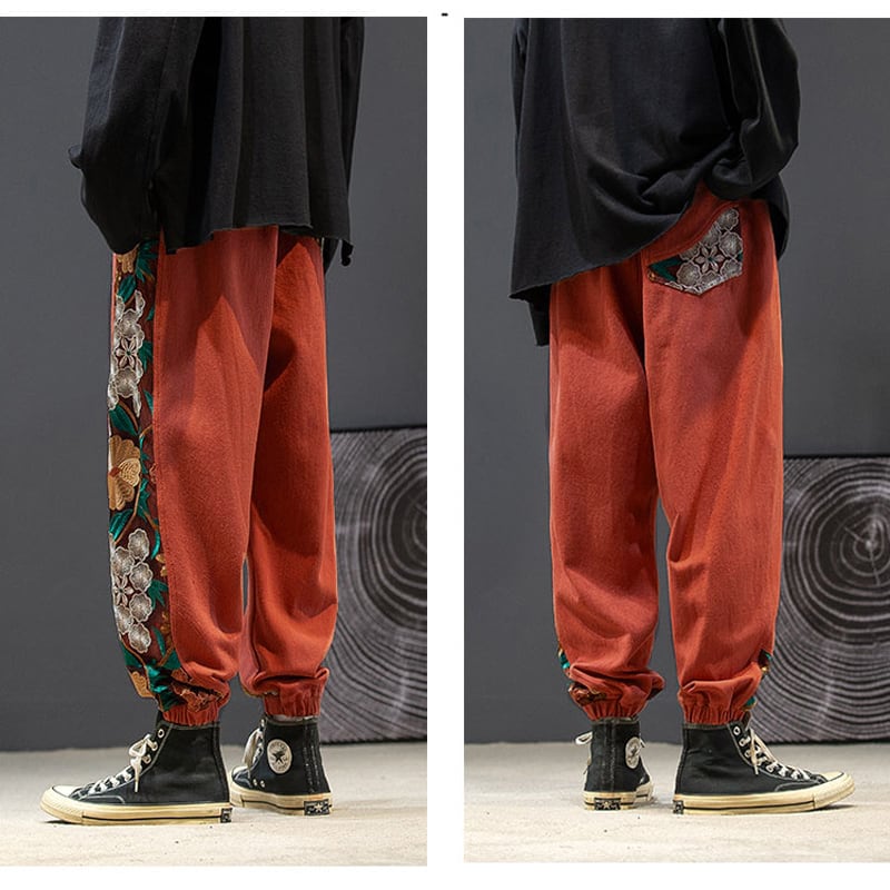 [Small trouble series] ★ Chinese style pants ★ Casual pants 4 colors Black or beige Embroidery Floral pattern Unisex Large size