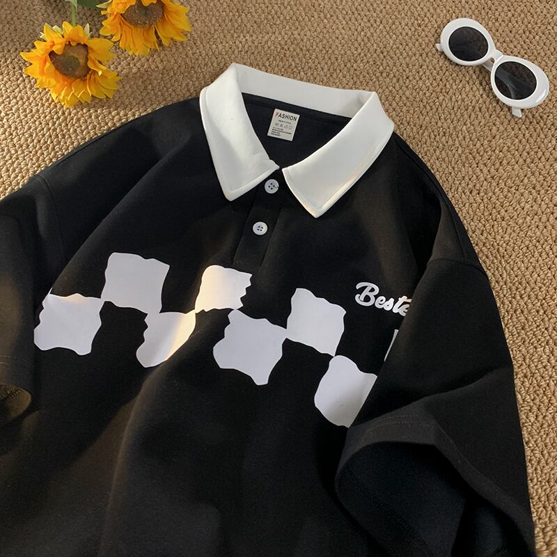 [OULUDE Series]★POLO Shirt★ Tops 3color Plaid Pattern Unisex Men's ML XL 2XL White Black Coffee Color