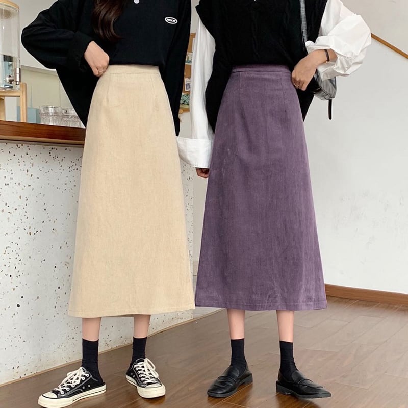 [Left Little Sister Arrival Series] ★Long length skirt★All 4 colors corduroy fabric Plain A-line Beautiful line High waist