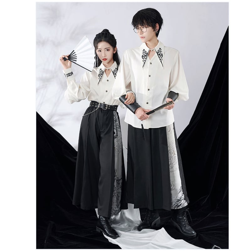 [Kyodo Series]★China style pants★Bottoms Embroidery Unisex Black Easy to match Switchable