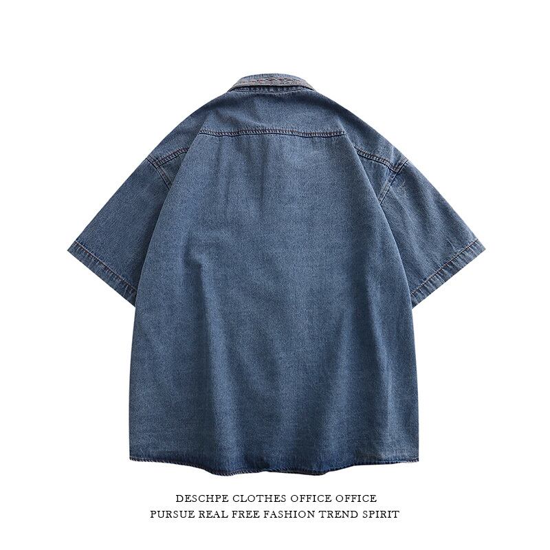 [DESCHPE Series]★Denim shirt★ Tops, short sleeve shirt, unisex, men's, embroidery, casual, unique, blue, summer clothes