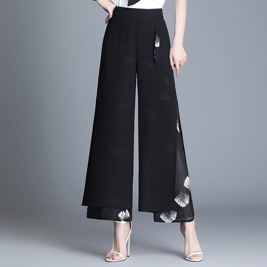 [Aooka Series]★Gaucho Pants★ Chiffon Women's Fashion Slit Easy to Match Black Black