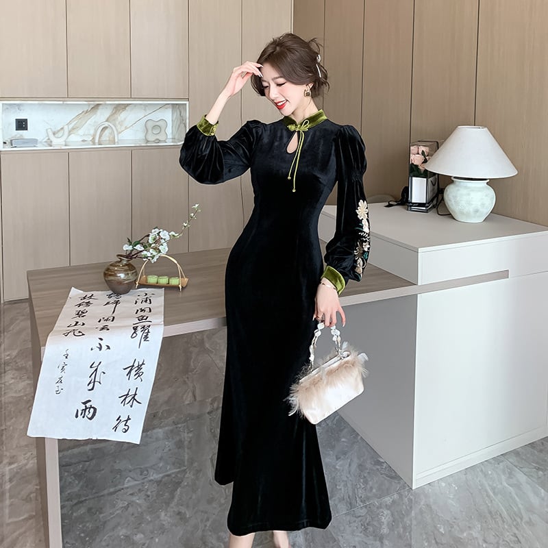 [Agoya Yui Series] ★Cheongsam dress★ Chinese style piece velvet black black long length