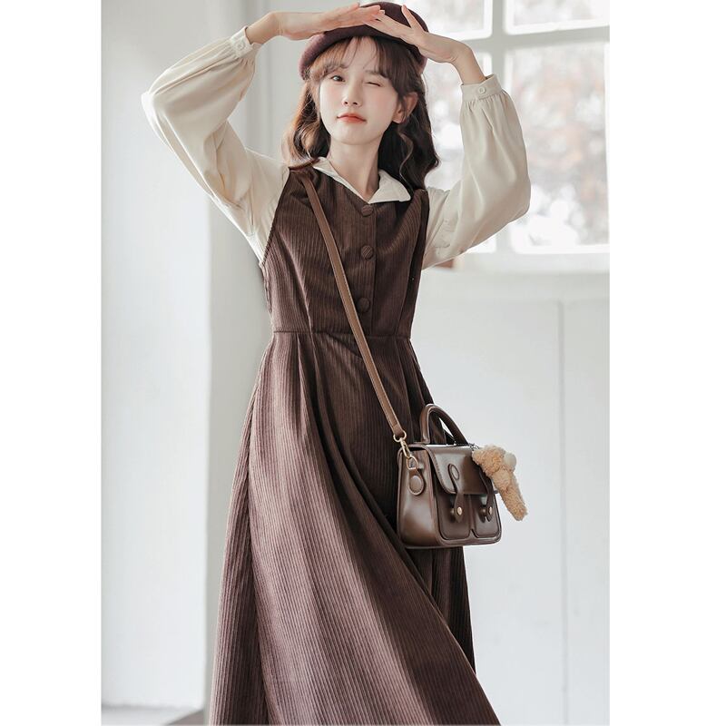 [Status series]★Setup★ 2color shirt + sleeveless dress Retro brown black