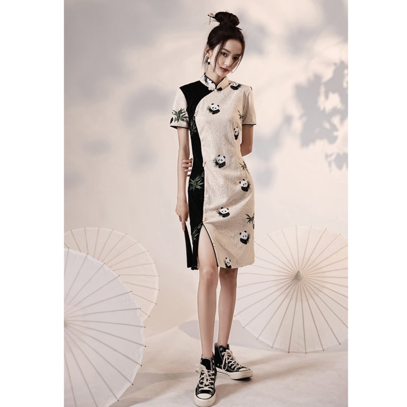 [Yukaku series] ★Cheongsam dress★ China dress Lace Improves temperament Panda Color scheme Beige