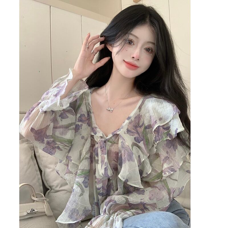 [XIXIBI Series]★Blouse★ Tops, Floral pattern, Improves temperament, Women's fashion, Easy to match, Cute