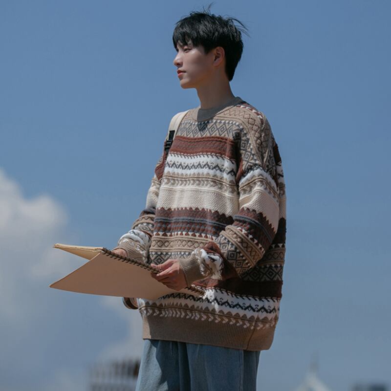 [Pvpvpv Series]★Sweater★ 2color Tops Christmas Unisex Men's Vertical Striped Striped Pattern Gray Brown