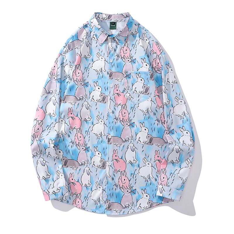 [TRAVEL ISSUANCE Series]★Shirt★ 2color long sleeve shirt tops unisex men's rabbit cartoon blue green