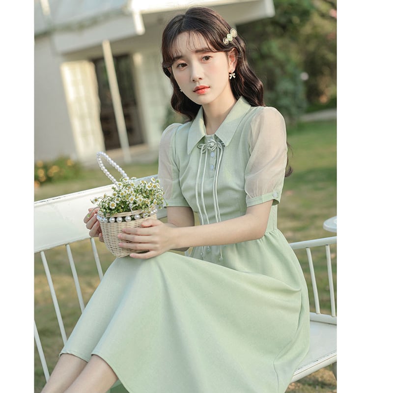 [NANMOSEN Series] ★China style dress★ Short sleeve dress, China button, cute, improves temperament, green