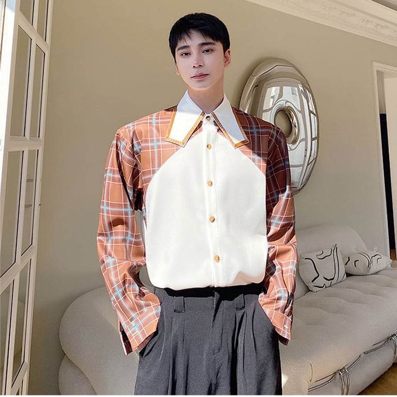 [Illustrated Series]★Shirt★ Tops Unisex Men's Spring Clothes Long Sleeve Shirt Switching Plaid Pattern Faux Layered