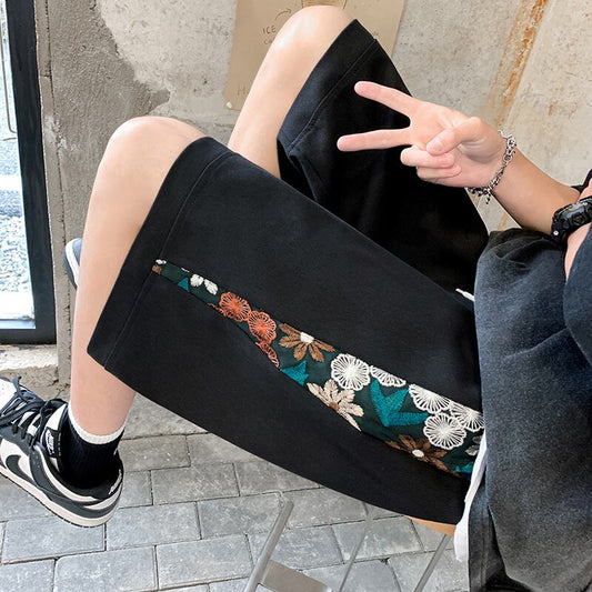 [V37 Series] ★Shorts★ 2color Black or Beige Shorts Summer Clothes Embroidery Floral Pattern Unisex Large Size