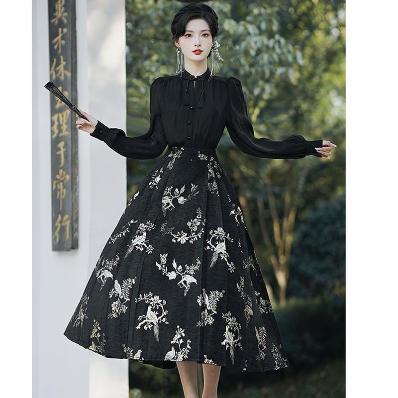 [BAIRIMENG Series]★China Style Skirt★Bottoms Floral Skirt Women's Temperament Enhancement Black Black