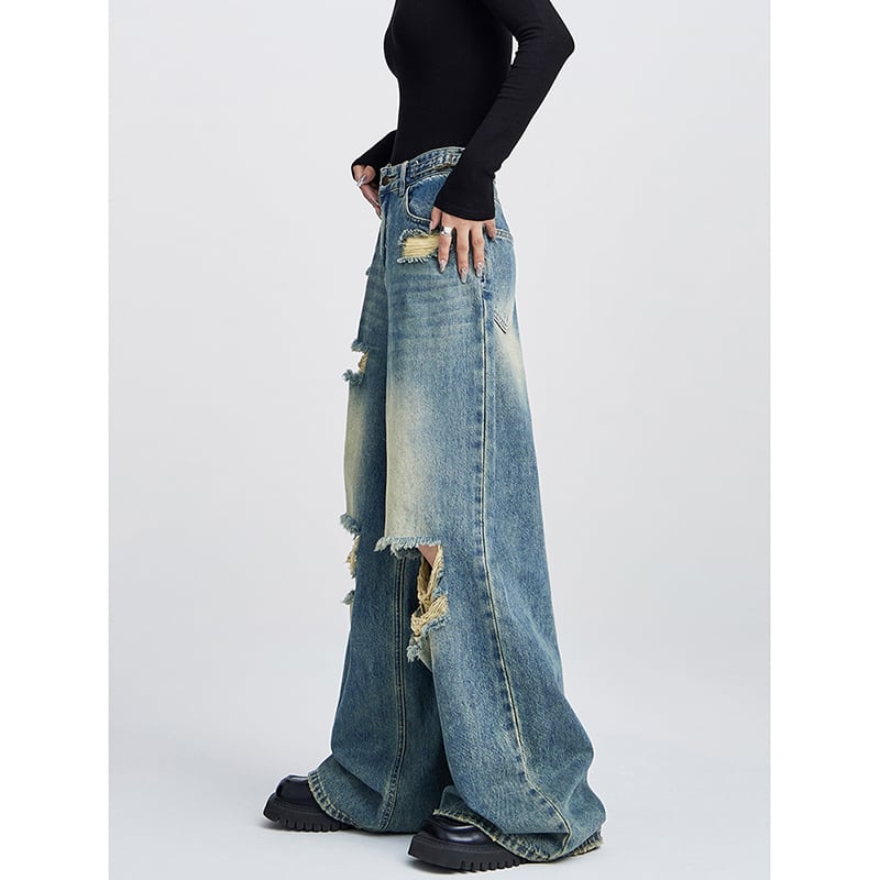 [EDX Series]★Denim Pants★ 2color Bottoms Unisex Men's Black Blue Distressed Easy to Match