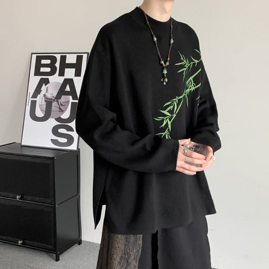 [Illustrated series] ★China style tops★ Knit tops Bamboo Unisex Men's Large size Black Black