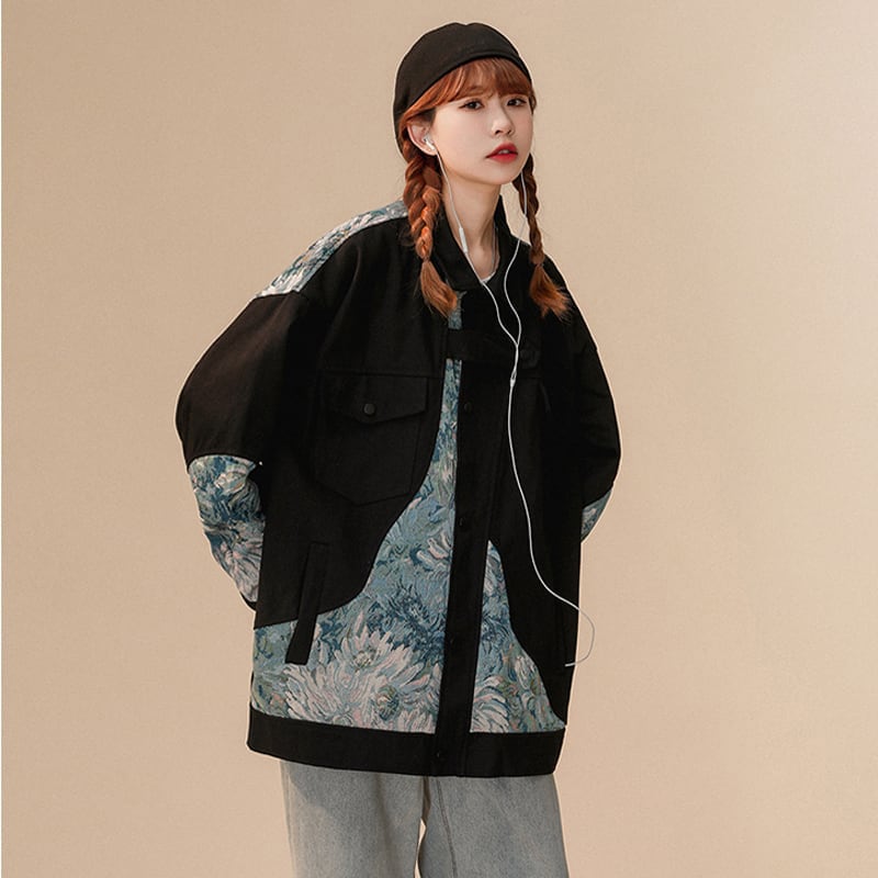 Now on sale [FKZ series] ★Jacket★ Outerwear 2color floral pattern switching unisex unique large size beige black