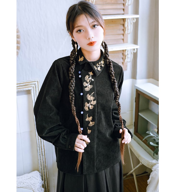 [Kokaisha --- Leaf Series] ★Chinese style tops★ Embroidery Hanfu tops Corduroy Thick Autumn/Winter Clothes Retro Black