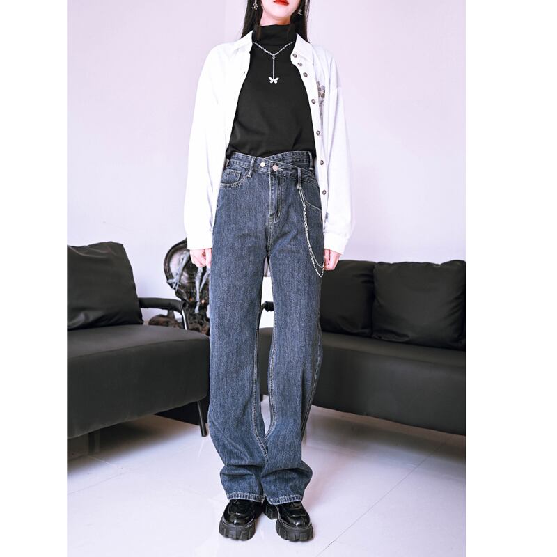 [Kokaisha---Tide Law Series] ★Denim pants with chain★ 2color bottoms slimming black gray blue SML XL