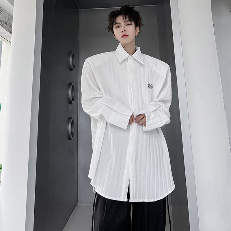 [Illustrated Series]★Shirt★ Tops 2color Unisex Men's Vertical Stripes Loose Black White Fashion Spring Clothes