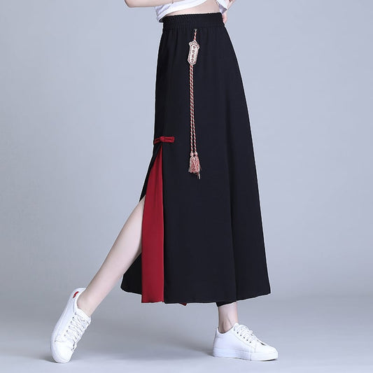 [Seikyū Series] ★Gaucho pants★ Chinese-style pants, Chinese clothing, fringe, chiffon, black