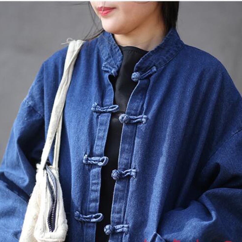 Chinese style coat outerwear long length denim Chinese clothing Chinese style clothing blue blue free size