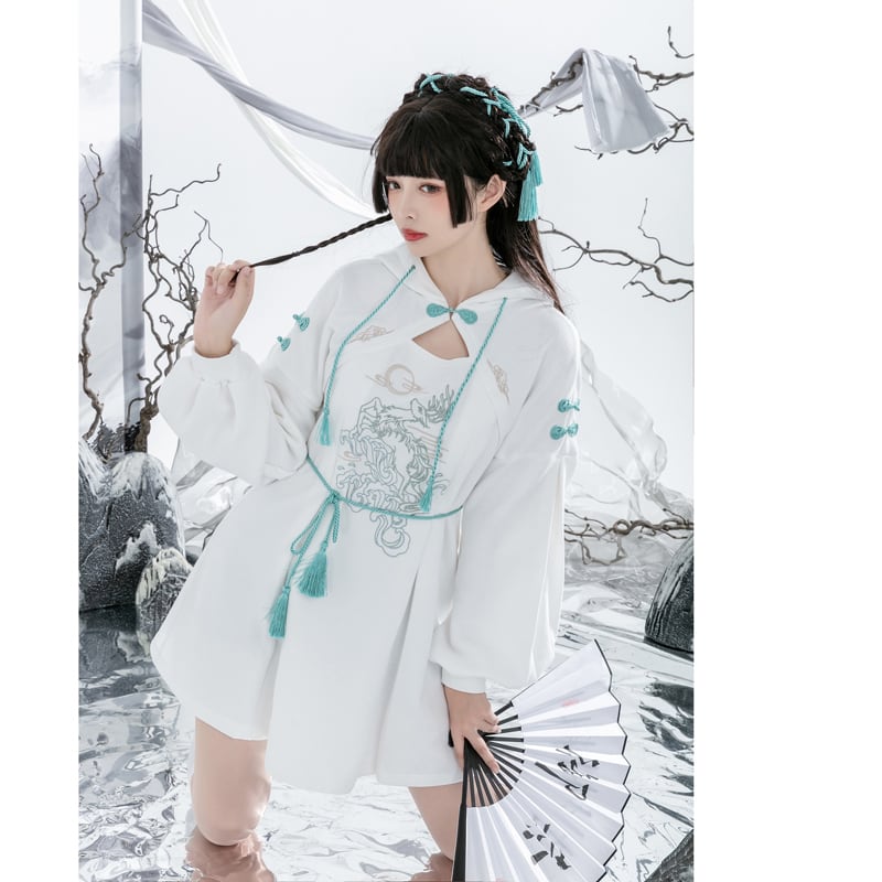 [Ochaya Series]★China style dress★ 2color black or white embroidery parka dress Chinese button cute