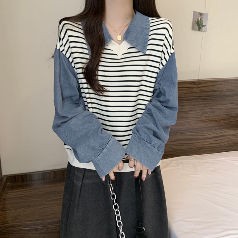 [DUOBAO series]★POLO shirt★ 2color tops, long sleeves, fake layered, slimming, large size, horizontal stripes, striped pattern