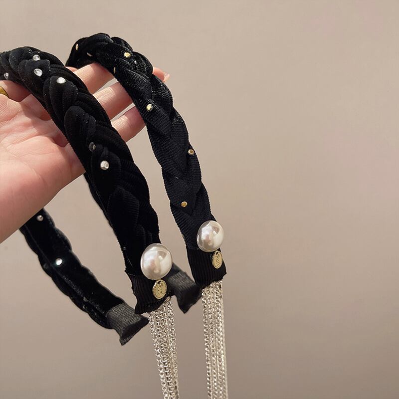 [Rainou Series] ★Headband★ 2color Hair Ornament Accessory Velvet Black Black Asymmetrical Fringe