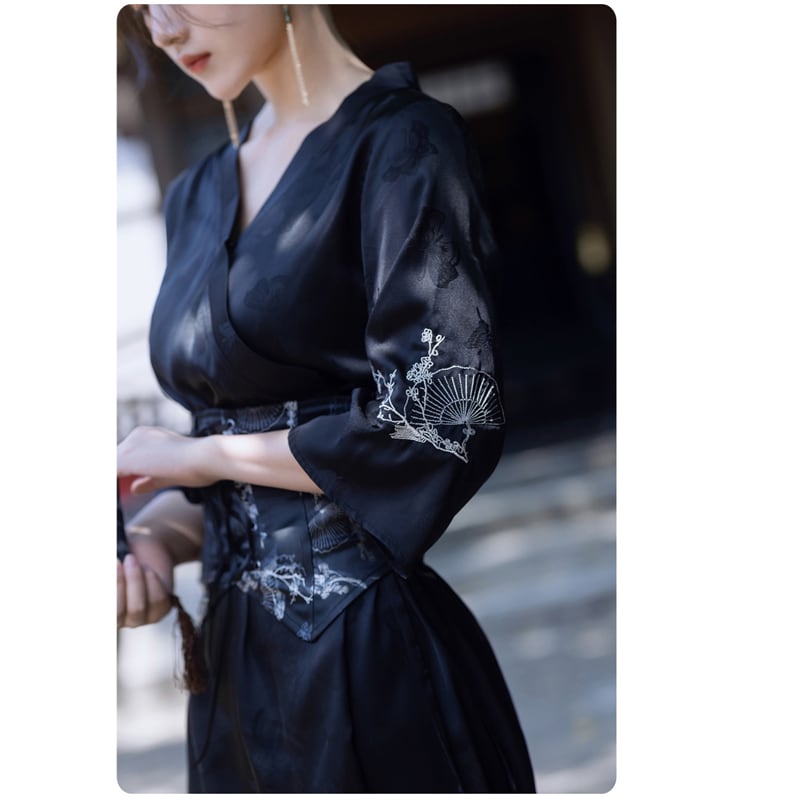 [Az Suna Series] ★Chinese style dress + obi★ Hanfu dress V neck S M L XL date girls' night out black black