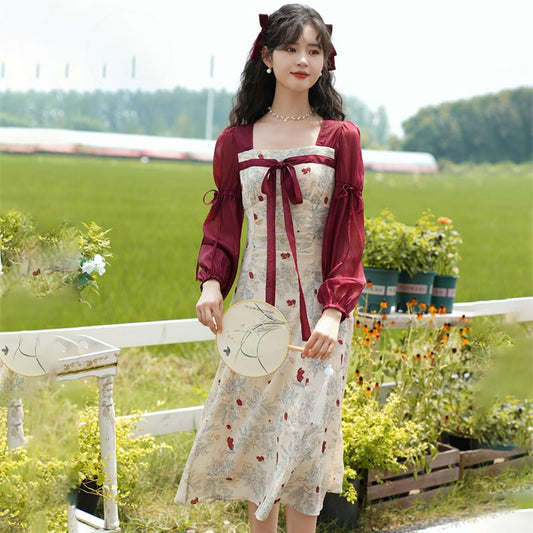 [JIGUJIGU series] ★China style dress★ Switching ribbon, large size, improves temperament, commuting, date, red, red, floral pattern