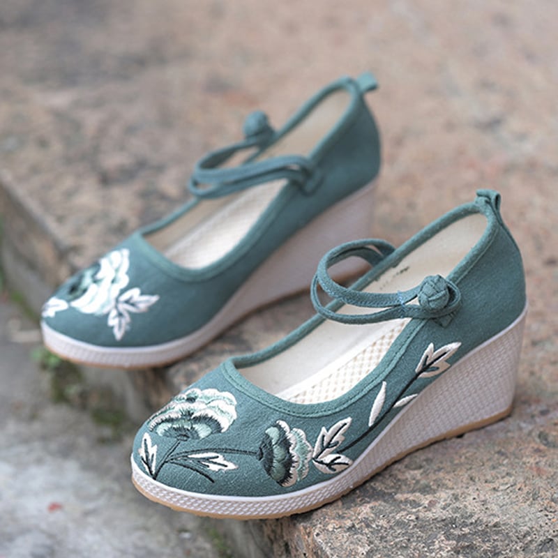 [JINGCHENG series] ★China style shoes★ Shoes 3color embroidery High heels 6.5cm Size 35-40 Tang clothing, cotton linen