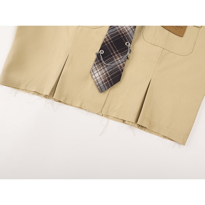 [LHSEN Series]★Shirt with tie★ Long sleeve shirt with chain Short length Check pattern Stylish Yellow