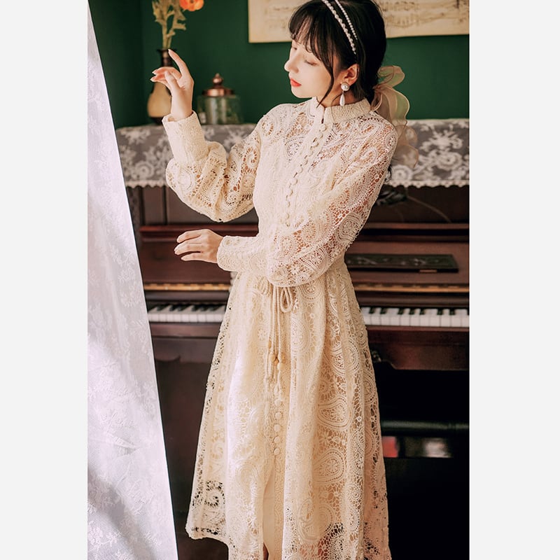 [Kasa no Castle Series] ★China style dress★ 3color black or beige or purple lace dress for dates, weddings, commuting, improving temperament