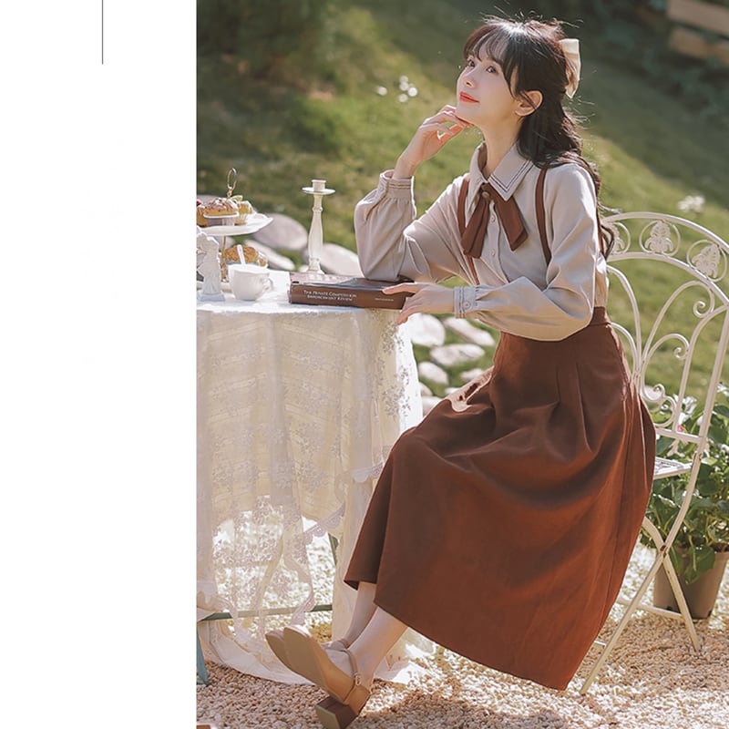 [Encounter Series]★Setup★ 2-piece set, shirt, hanging skirt, 2-piece set, coffee color, cute