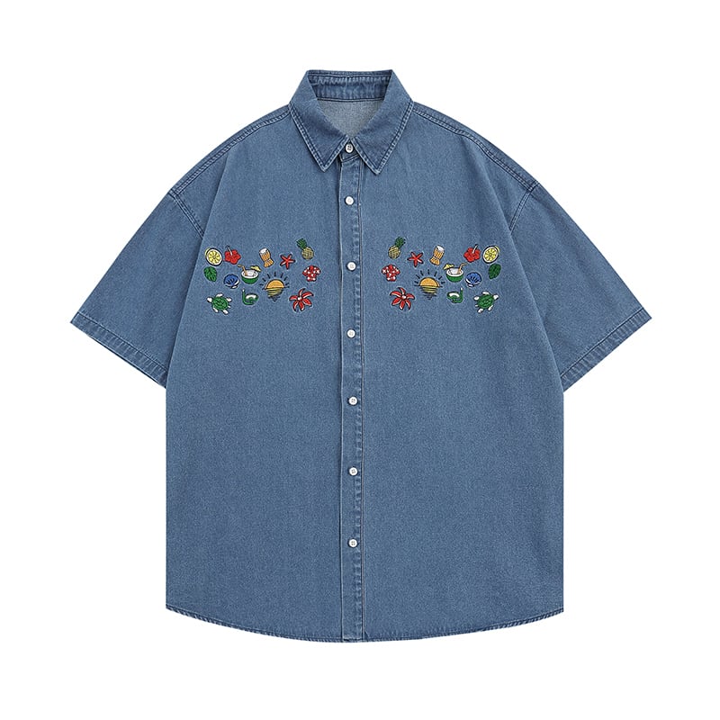 [PUDUN Series]★Denim shirt★ Tops, short sleeve shirt, unisex, men's, unique, embroidery, summer clothes, blue, blue