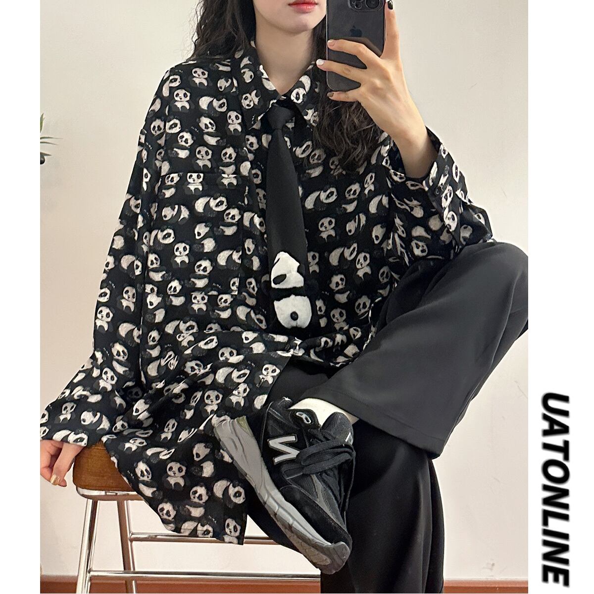 [UATONLINE Series] ★China style shirt★ Shirt with tie Panda pattern tops Unisex Men's Black Black