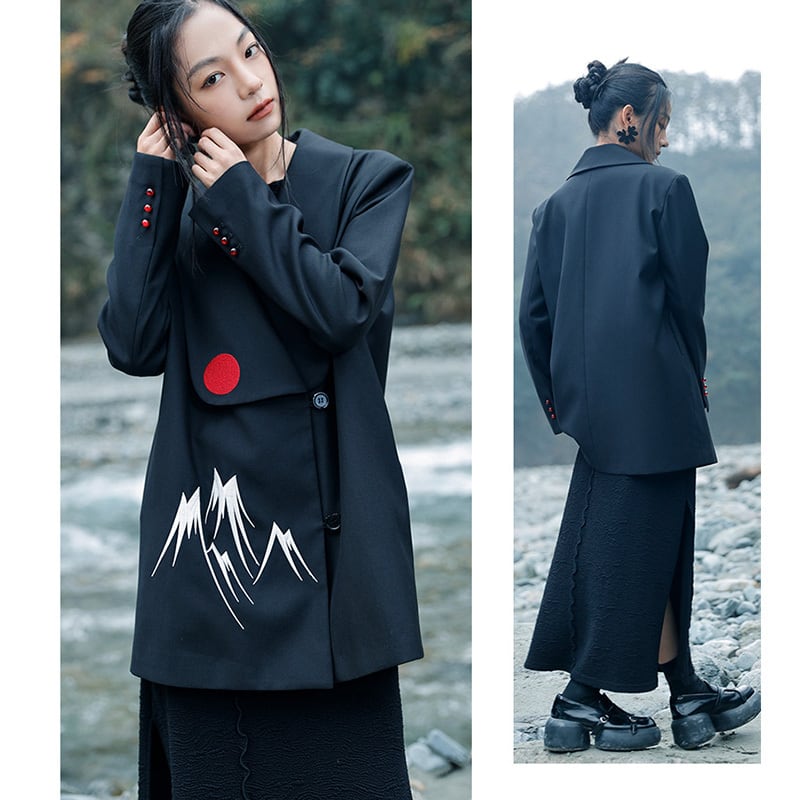 [Big Blue Dragon Series] ★China style coat★ Loose outerwear, embroidered, retro, easy to match, black, black