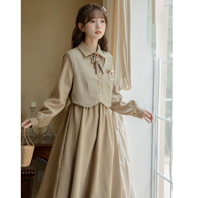 [Minami no Mori Series] ★One Piece★ 2color Faux Layered Fashion Ladies Switching Ribbon Wine Red Khaki Brown