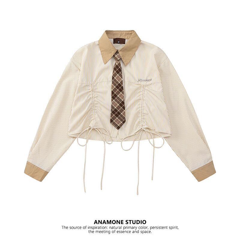 [ANAMONE Series]★Shirt with tie★ 2color long sleeve shirt plaid pattern fashionable pink cute