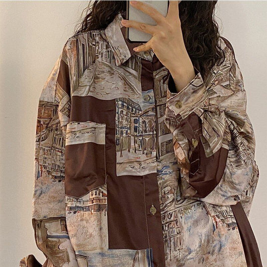 [YOUZI Series]★Shirt★ Tops Oil Painting Style Thin Spring/Summer Loose Retro Print Long Sleeve Shirt S M L XL 2XL