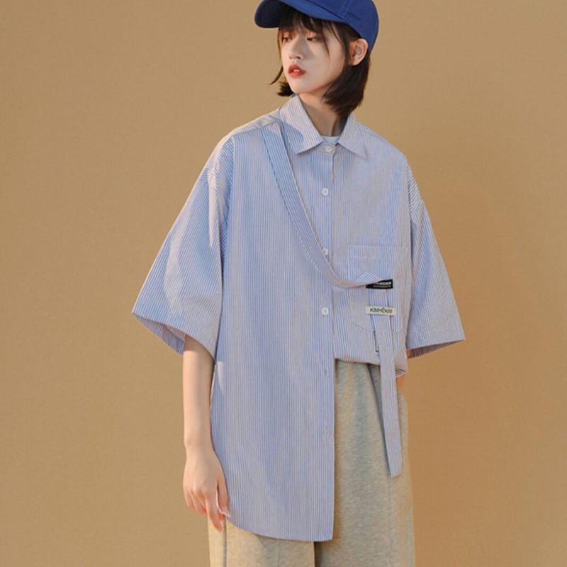 [Fujiiman Series]★Shirt★ 3color Tops Vertical stripes Summer Unisex Loose Cute Yellow Blue Black