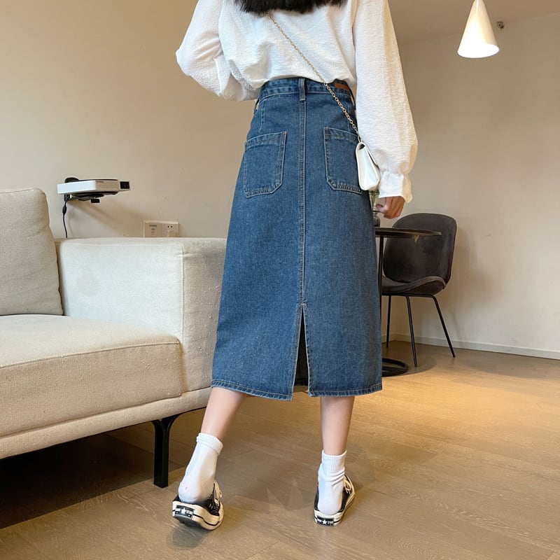 [SANMUZI series]★Denim skirt★Bottoms Embroidery Spring clothes Blue Blue Cute Slimming Ladies