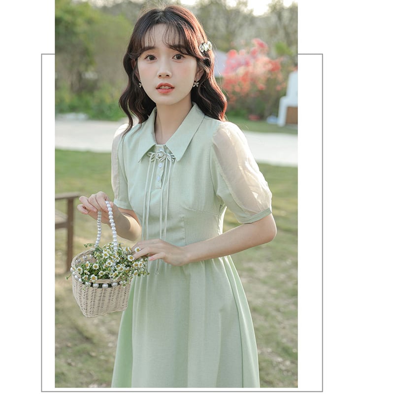 [NANMOSEN Series] ★China style dress★ Short sleeve dress, China button, cute, improves temperament, green