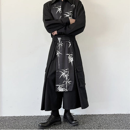 [Illustrated series] ★China style pants★ Gaucho pants unisex men's nine-quarter length black black culottes fake layered