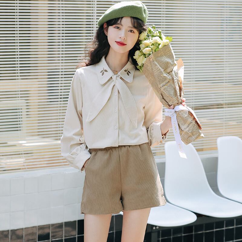 [Love Series] ★Shirt★ 2color Tops Long Sleeve Shirt Cute Embroidery Spring/Autumn Clothes Easy to Match Commuting/Dating