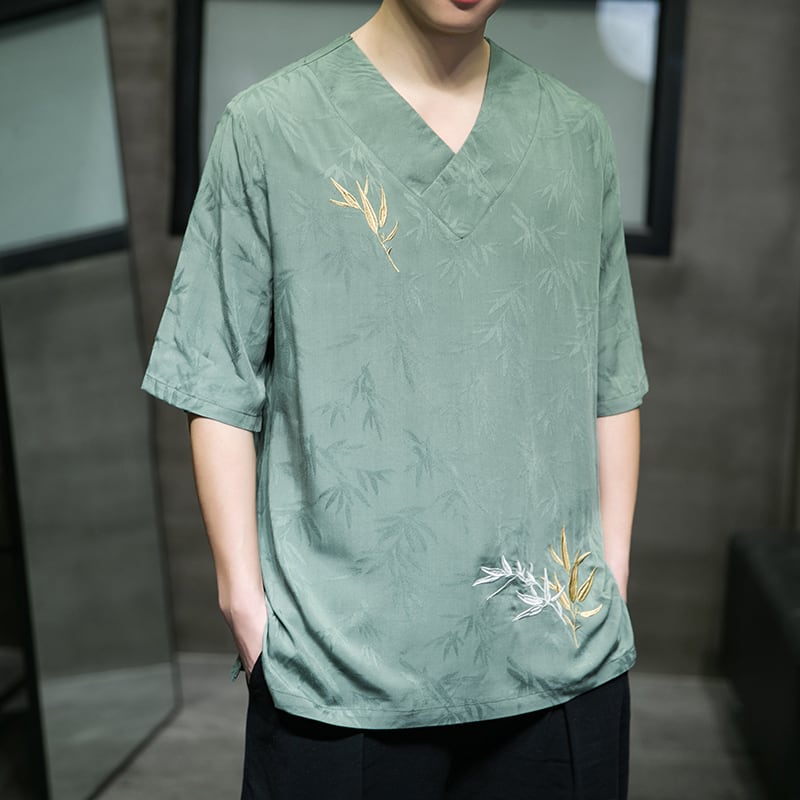 [JIARONG Series]★China style T-shirt★ Embroidery tops 3color Unisex Men's Large size Thin V-neck