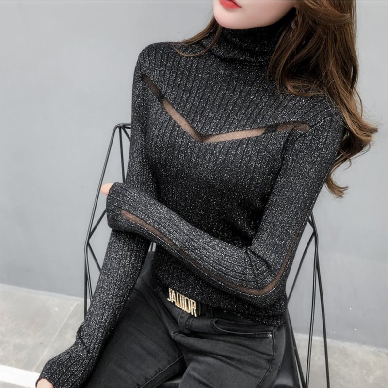 [YINUO Series]★Knit Tops★ 3color Tops Sweater Turtleneck Simple Black Blue Yellow