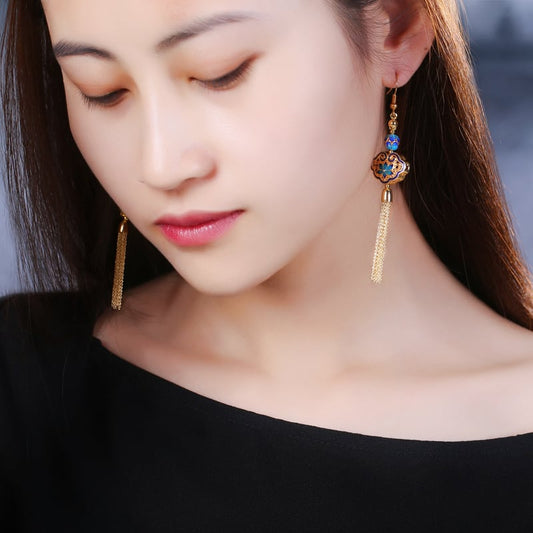 [Smoke Rain Gangnam Series] ★Chinese style earrings★ Pair of earrings or earrings, retro fringe, blue, improves temperament